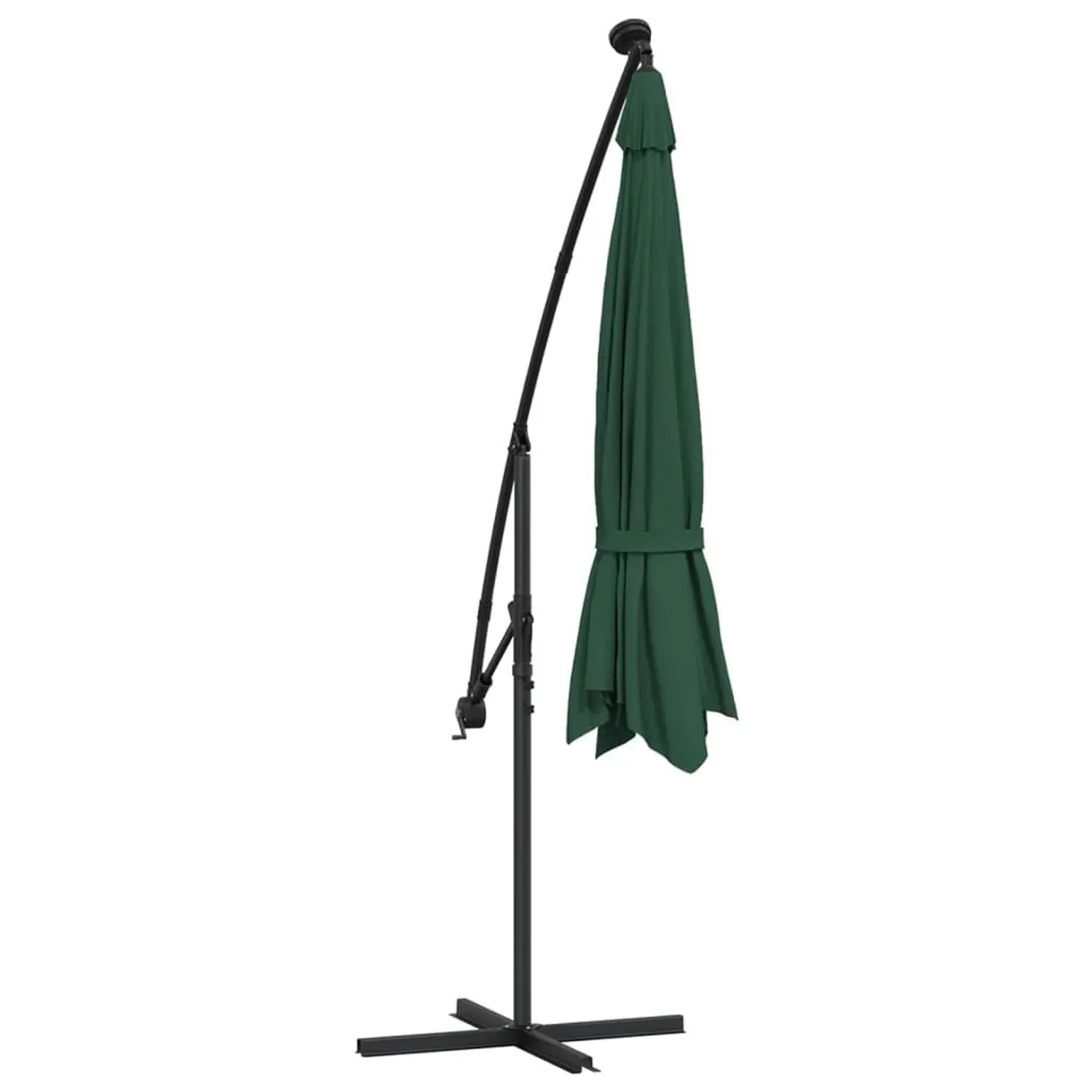 Grüner Ampelschirm mit schwarzem Metall-Mast und Kreuzfuß, zusammengeklappt. Ideal für Garten & Terrasse.