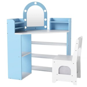 Costway Eck-Schminktisch für Kinder mit LED-Spiegel und Stuhl, blau-weiß.
