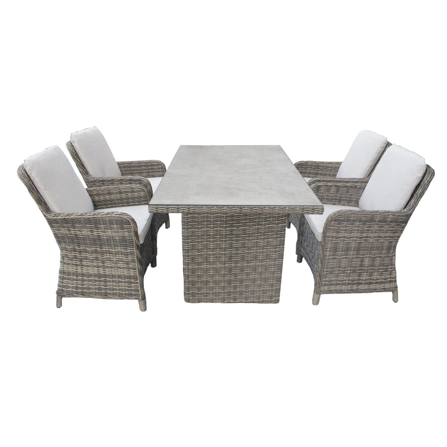 5-teiliges Rattan Gartenmöbel Set Ria in Grau-Braun mit Tisch in Steinoptik und bequemen Polstern.