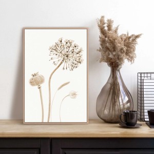 Beiges, gerahmtes Bild mit Trockenblumenmotiv, 30x20 cm, für Wohnzimmer. Wanddeko.