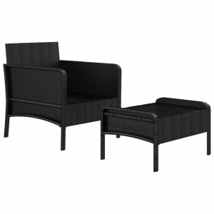 Schwarzes 2-tlg. Garten Lounge Set aus Poly Rattan mit Stuhl und Hocker.