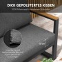 Detailaufnahme: Dunkelgraues Gartensofa Set mit dicken Polsterkissen und Aluminiumrahmen.