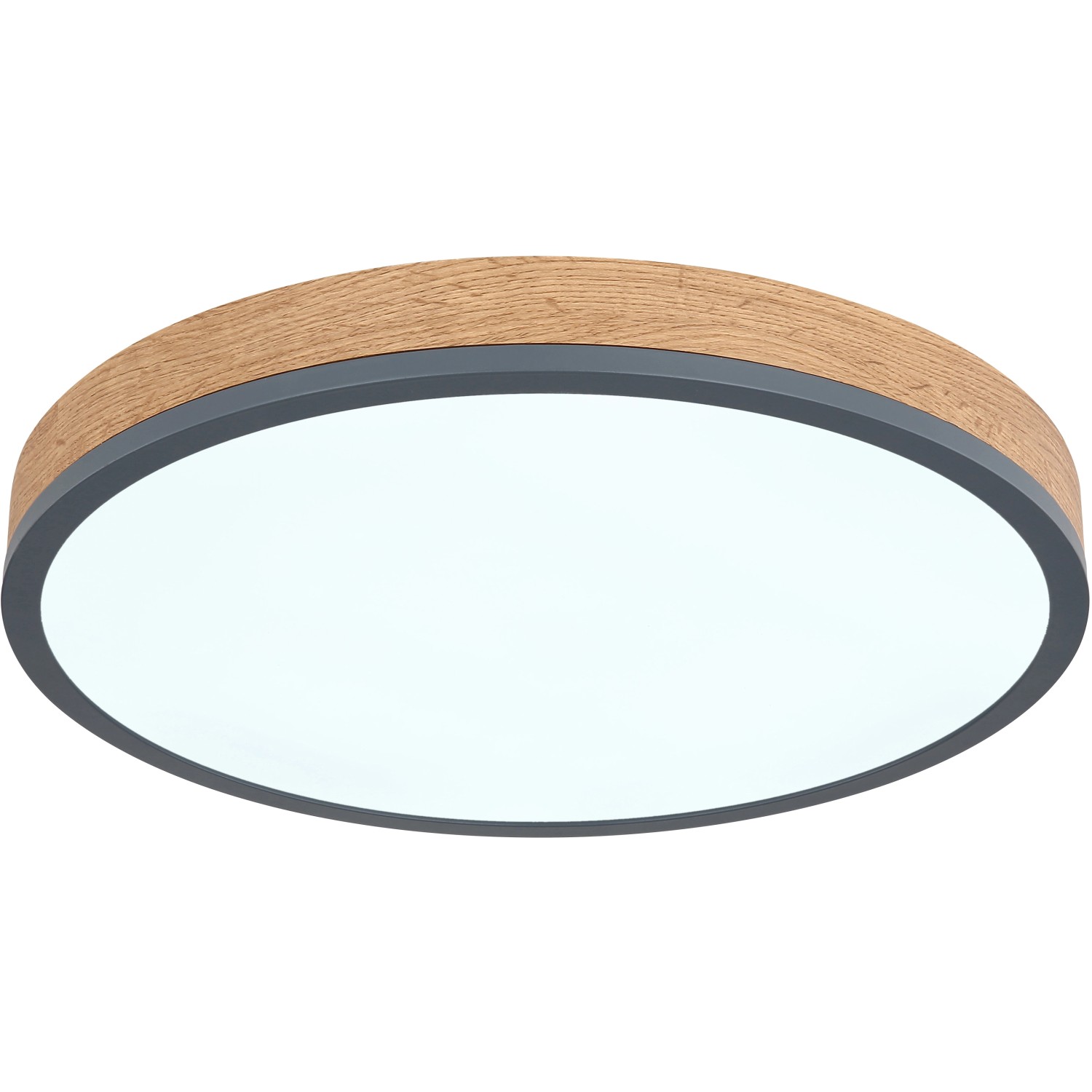 Graphitfarbene LED-Deckenleuchte Doro mit Holzoptik, dimmbar und mit Fernbedienung.