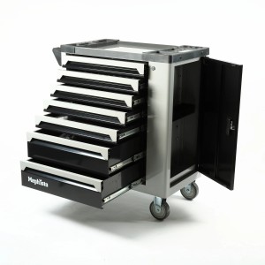 Mephisto Werkzeugwagen mit 7 Schubladen, davon 7 gefüllt mit Werkzeug aus Chrom-Vanadium-Stahl.