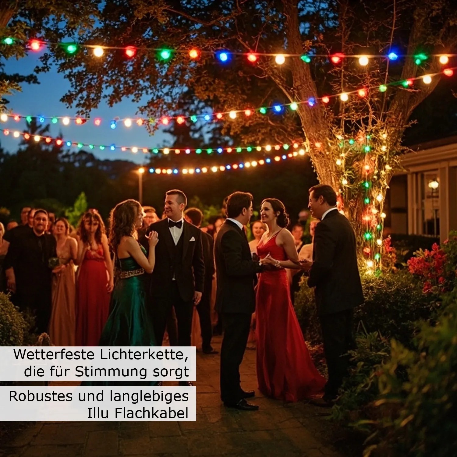Bunte Satisfire Partylichterkette mit LED-Kugellampen illuminiert eine Gartenparty.