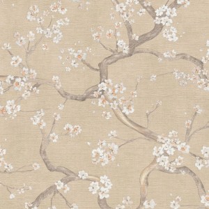 PROFHOME Blumen Tapete: Beige, creme-weiße und orange Blüten auf grauen Ästen, 0,53x10,05m