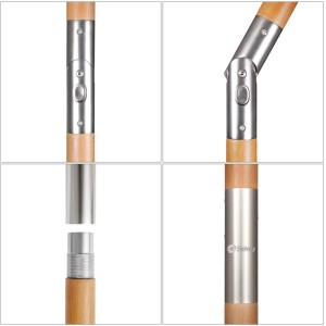 Details des Sekey Holz Sonnenschirms: Gelenk, Seilzugsystem und Steckverbindung des Mastes.