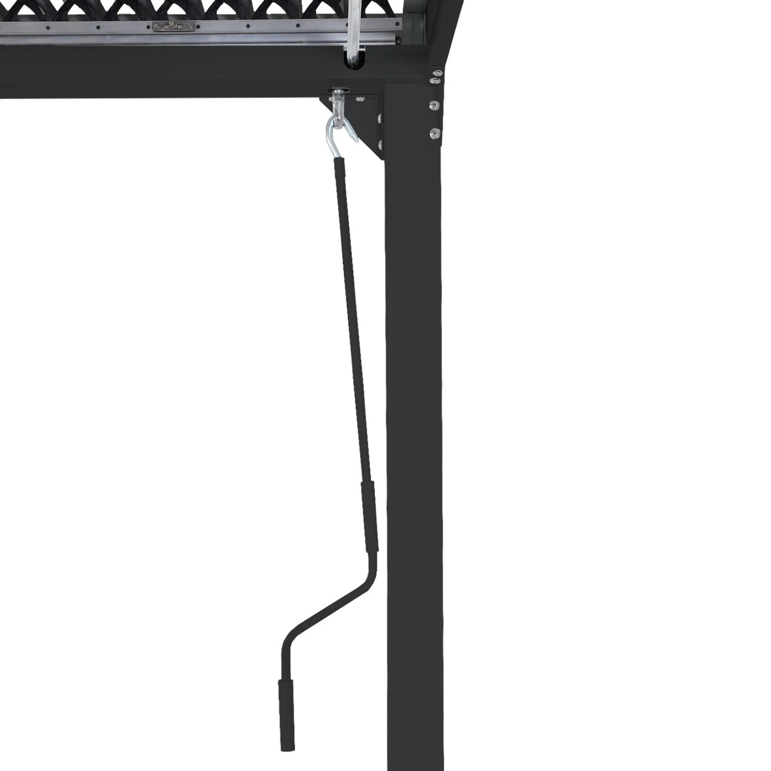 Detailaufnahme der Handkurbel einer anthrazitfarbenen MCW Alu Pergola mit Seitenwand.