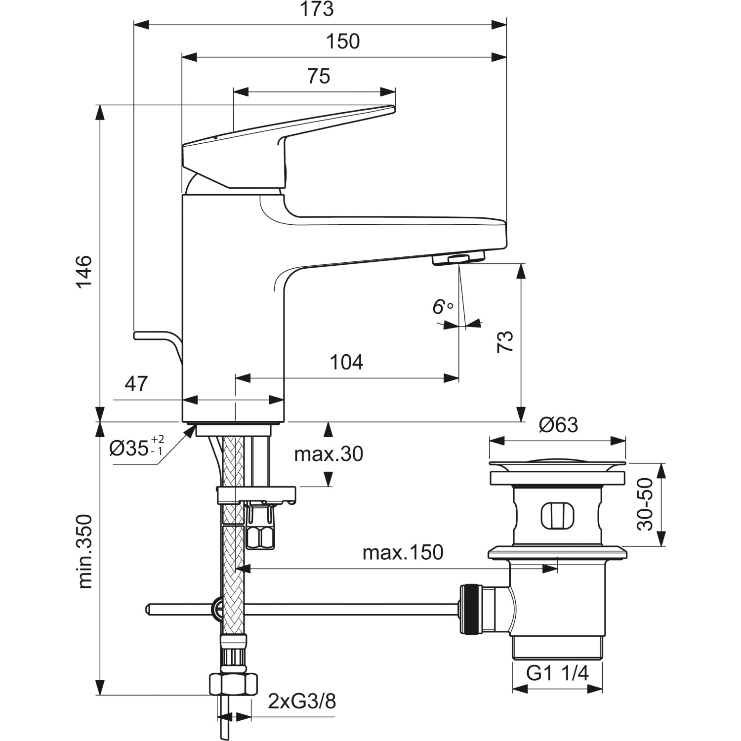 Technische Zeichnung: Ideal Standard Ceraplan Waschtischarmatur, Chrom, mit Maßen.