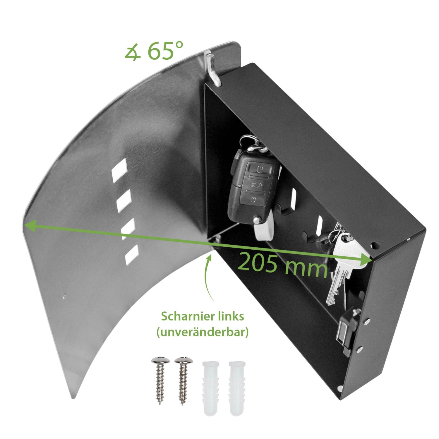 Offener Banjado Design Schlüsselkasten Berchtesgadener Land aus Edelstahl, mit Schlüsseln und Montagematerial.
