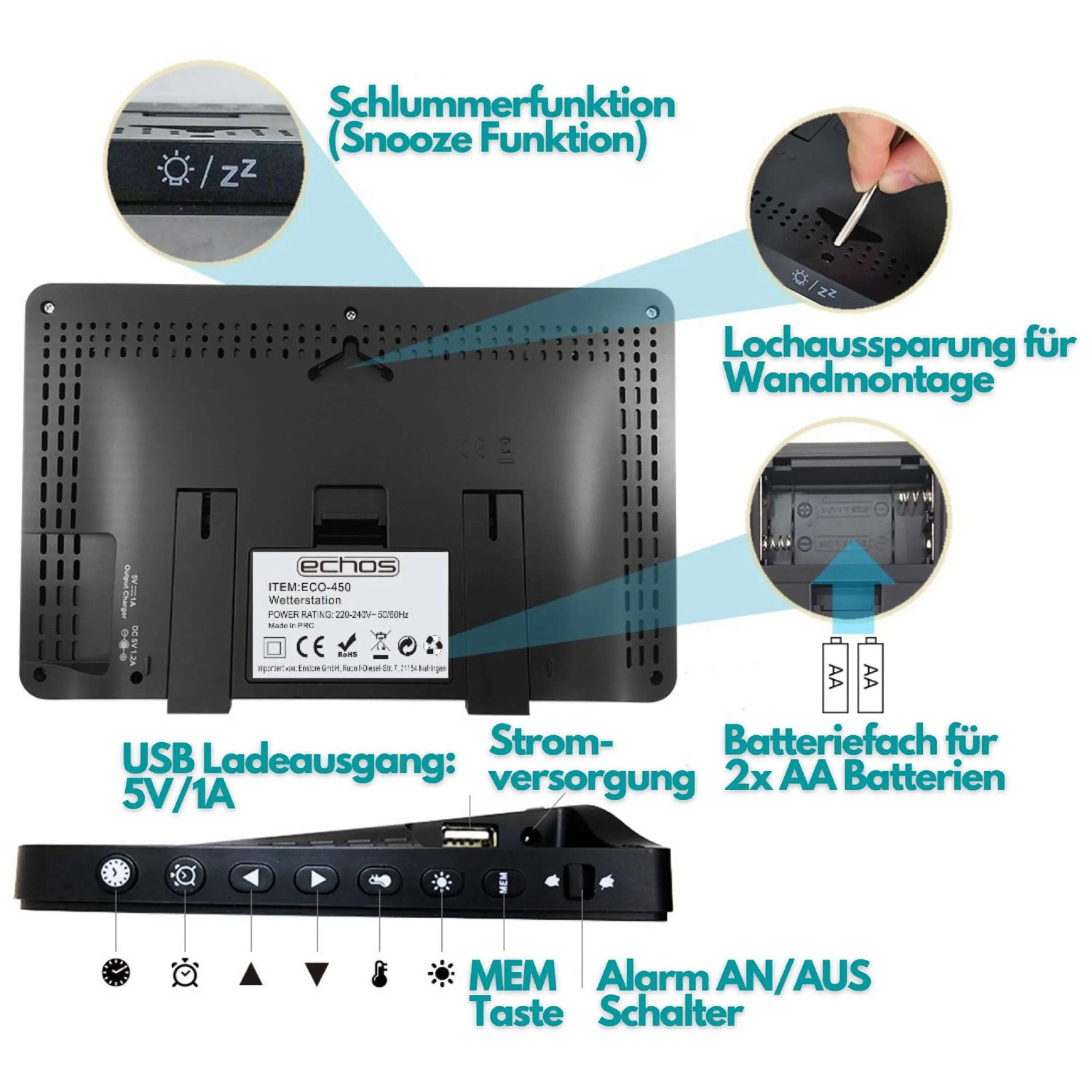 Echos Eco-450 Funkwetterstation Rückseite mit Details zu Batterie, Wandmontage und Anschlüssen.
