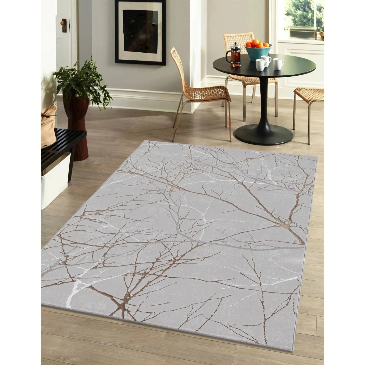 Grauer Floornovo Kurzflor Teppich (290x200 cm) mit Blattmuster für Wohnräume.