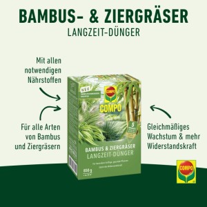 Grüne Compo Bambus & Ziergräser Langzeit-Dünger Packung, 850g, für 5 Monate Wachstum und kräftige Pflanzen.