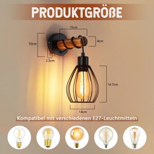 NETTLIFE Vintage Wandleuchte schwarz mit Holzarm, Käfigschirm, Schalter. E27 Fassung, Industrial Design. Kompatibel mit E27 Leuchtmitteln.