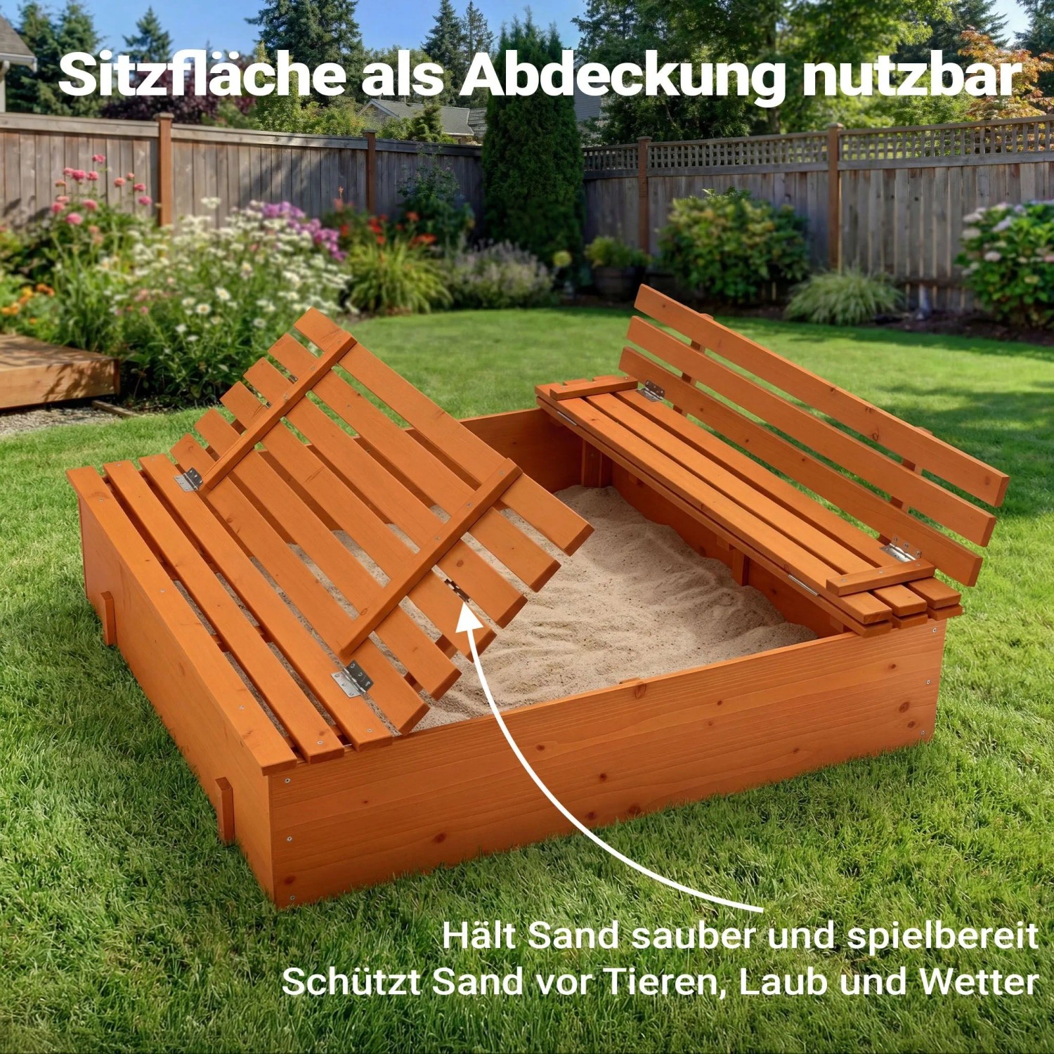 Wiltec Sandkasten aus Holz mit 2 Sitzbänken, die sich zu einem schützenden Deckel klappen lassen.