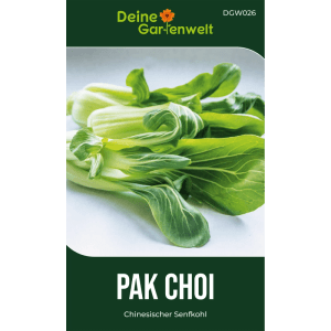 Deine Gartenwelt Pak Choi Samenpackung mit frischem chinesischem Senfkohl Blattgemüse.