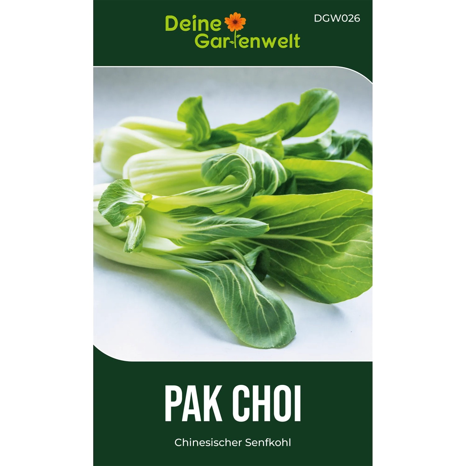 Deine Gartenwelt Pak Choi Samenpackung mit frischem chinesischem Senfkohl Blattgemüse.