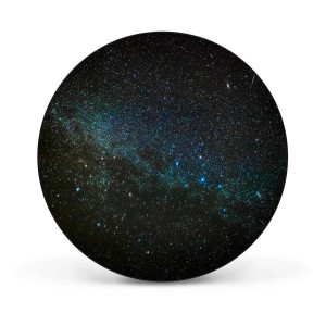 Runde, schwarze Magnettafel mit Nachthimmel-Motiv. Wanddekoration für Notizen und Fotos.