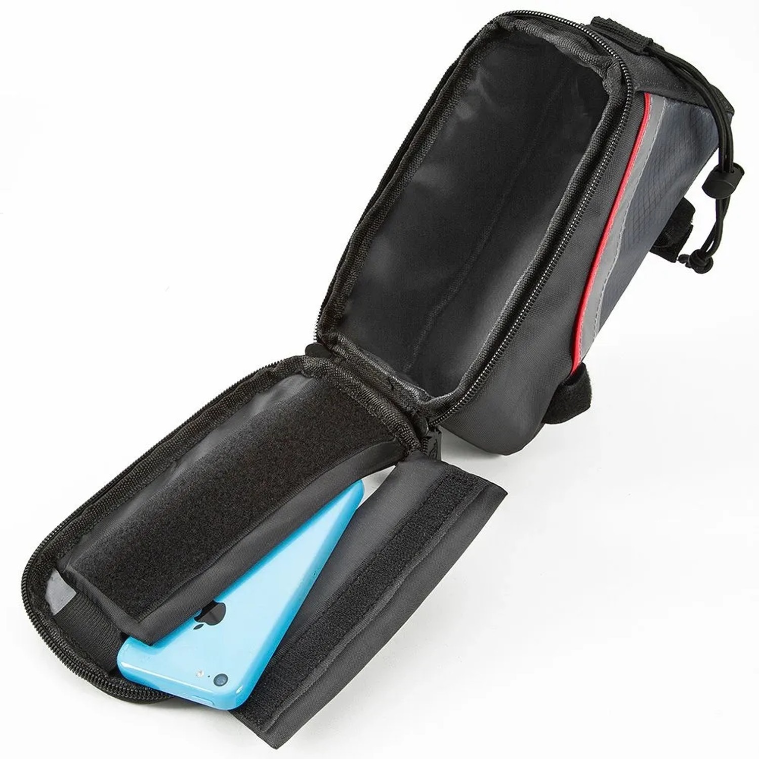 Offene Tectake Fahrradtasche schwarz-grau-rot mit blauem Smartphone im Handyfach, Klettverschluss.