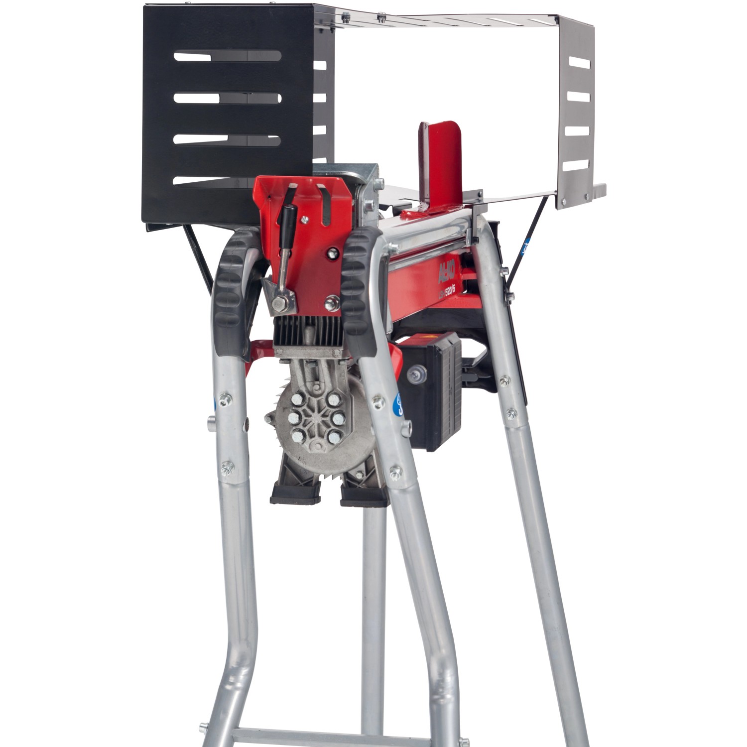 Al-Ko Elektroholzspalter LSH 520/5, liegender Holzspalter mit rotem Spaltkeil und grauen Standbeinen.