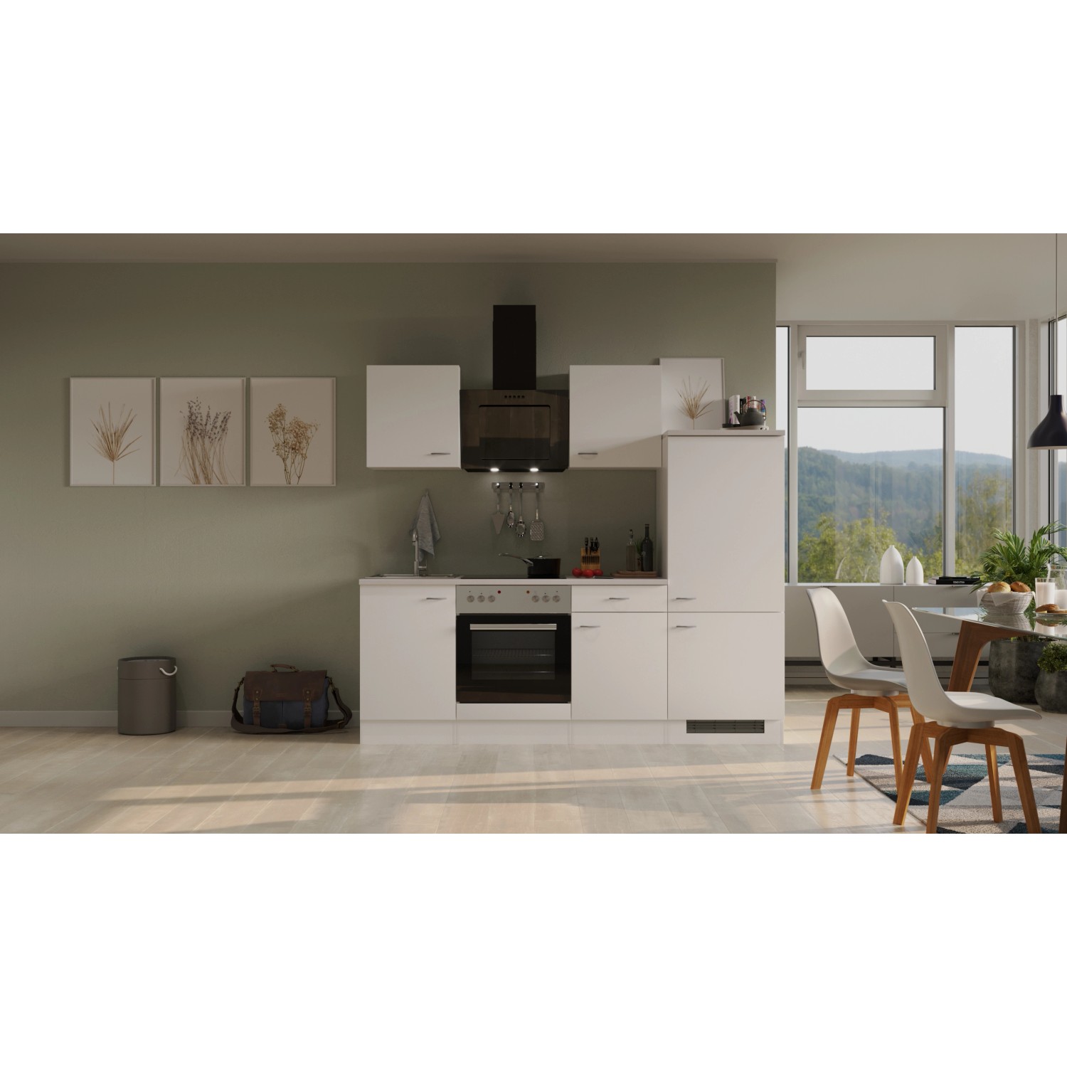 Weiße Flex-Well Küchenzeile Wito, 220 cm breit, mit E-Geräten und Spüle. Made in Germany.