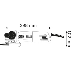 Skizze des Bosch Professional GWX 14-125 Winkelschleifers mit Maßangaben.
