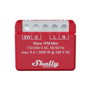 Rotes Shelly Relaismodul Wave 1PM Mini für Hausautomation, 1 Kanal, 8A.