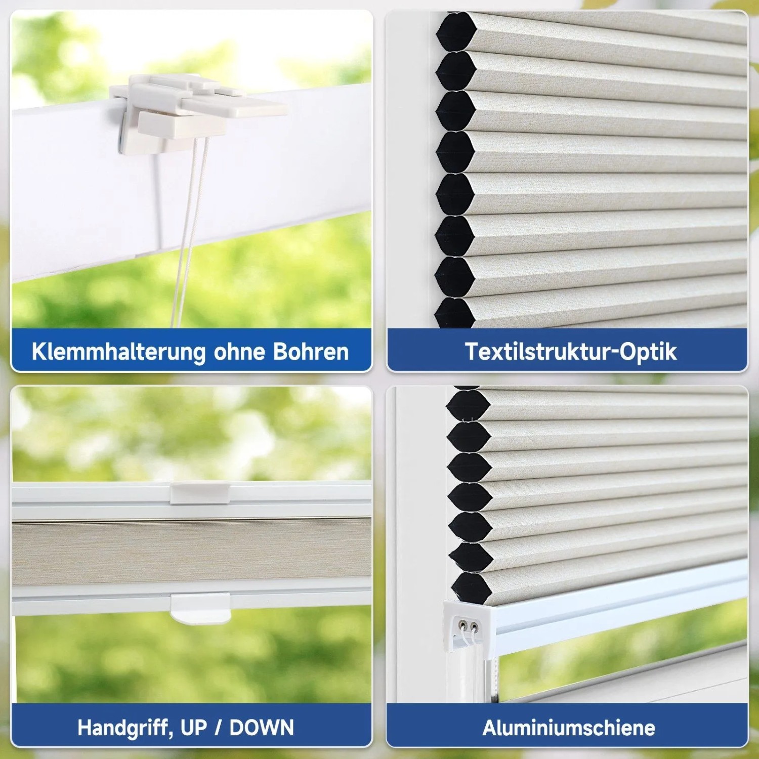 Detailansicht Sekey Wabenplissee, beige, verdunkelnd, Montage ohne Bohren, variable Höhenverstellung.