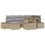 Beiges 7-teiliges Garten-Sofa-Set aus Poly Rattan mit Tisch und Stauraum.