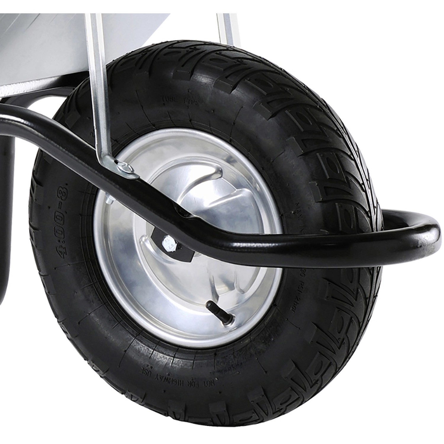 Detailaufnahme: Rad der Haemmerlin Einrad-Schubkarre, verzinkte Mulde, 100 l Volumen, 200 kg Traglast.