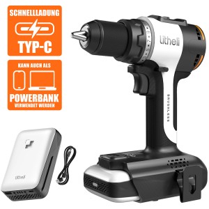 Litheli Akku-Bohrer U20 mit Akku und USB-Ladefunktion. Akkuschrauber mit Powerbank Funktion.