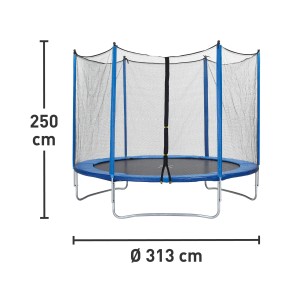 Blaues Gartentrampolin, rund, Ø 305 cm, mit Sicherheitsnetz für sicheren Springspaß im Garten.