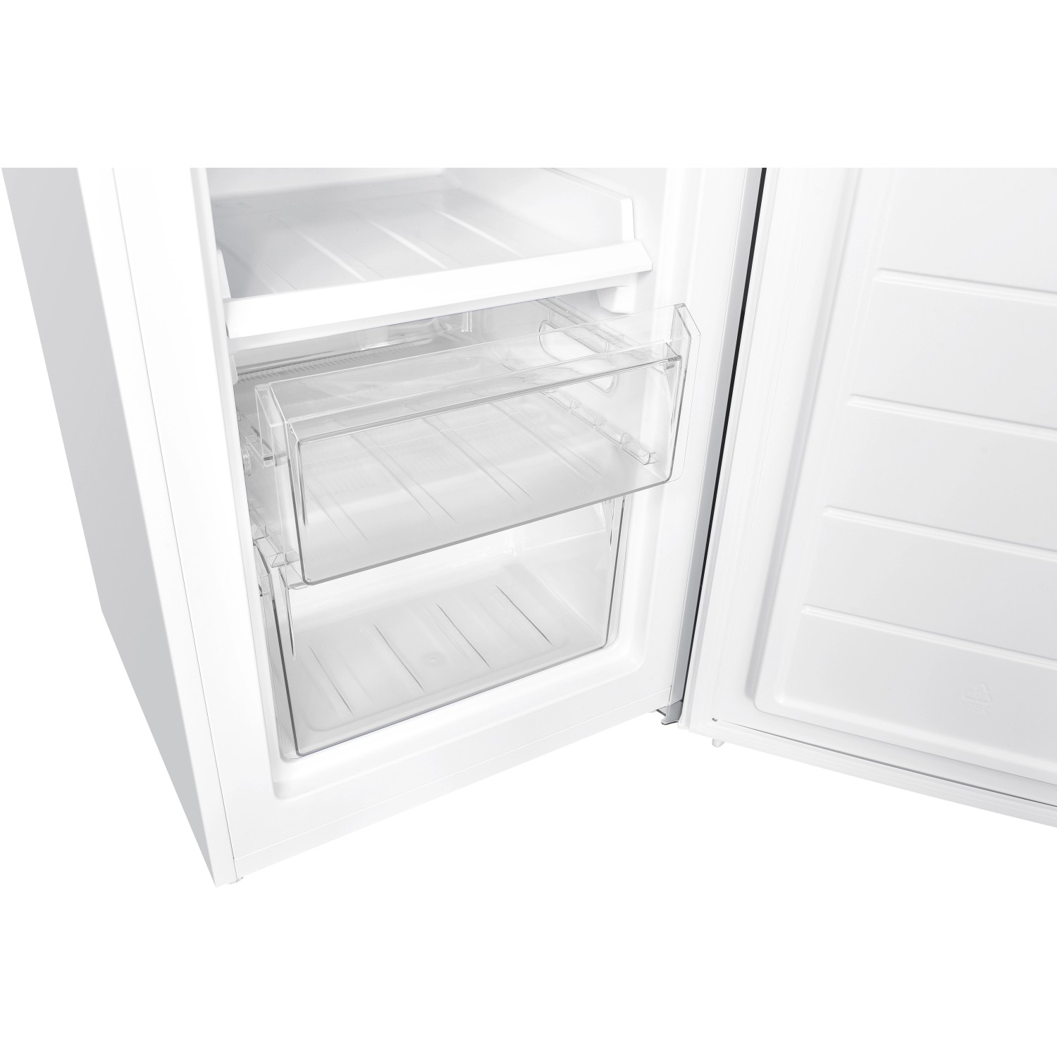 Offene, weiße PKM Kühl-Gefrierkombination mit transparenten Schubladen.