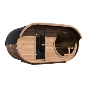 Ovales Weka Saunahaus Keila aus Thermoholz mit Glastür und rundem Fenster.