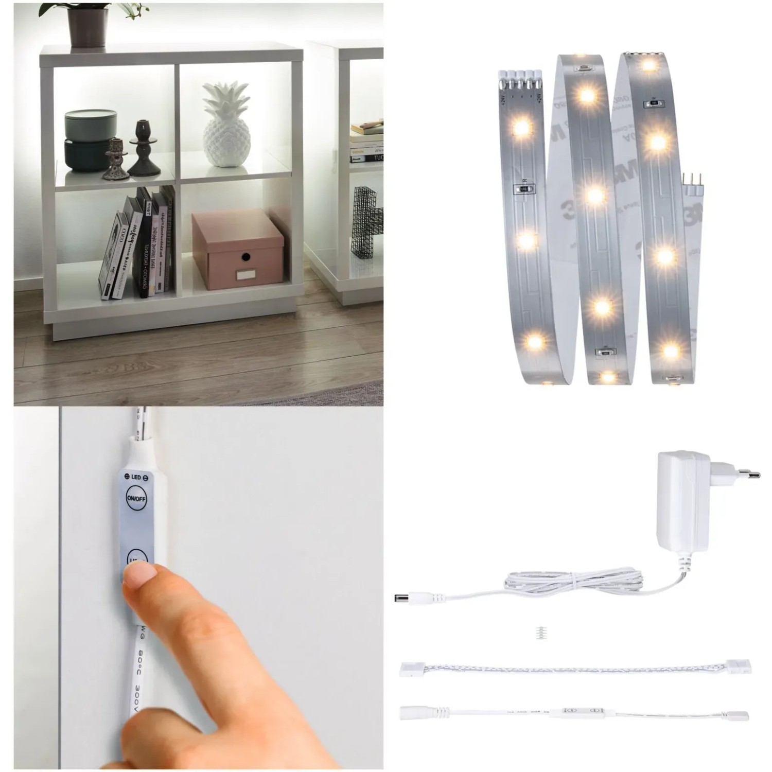 Paulmann MaxLED 250 LED Strip Regal Set, 1m, Weiß, mit beleuchtetem Regal und Zubehör.
