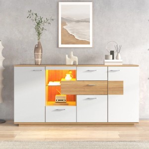 Modernes weißes Sideboard mit Holzoptik, LED-Beleuchtung in Nische, Schubladen, Türen und Glasablage. Viel Stauraum.