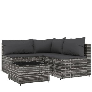 Graues 4-tlg. Garten Lounge Set aus Polyrattan mit anthrazitfarbenen Kissen und Tisch.