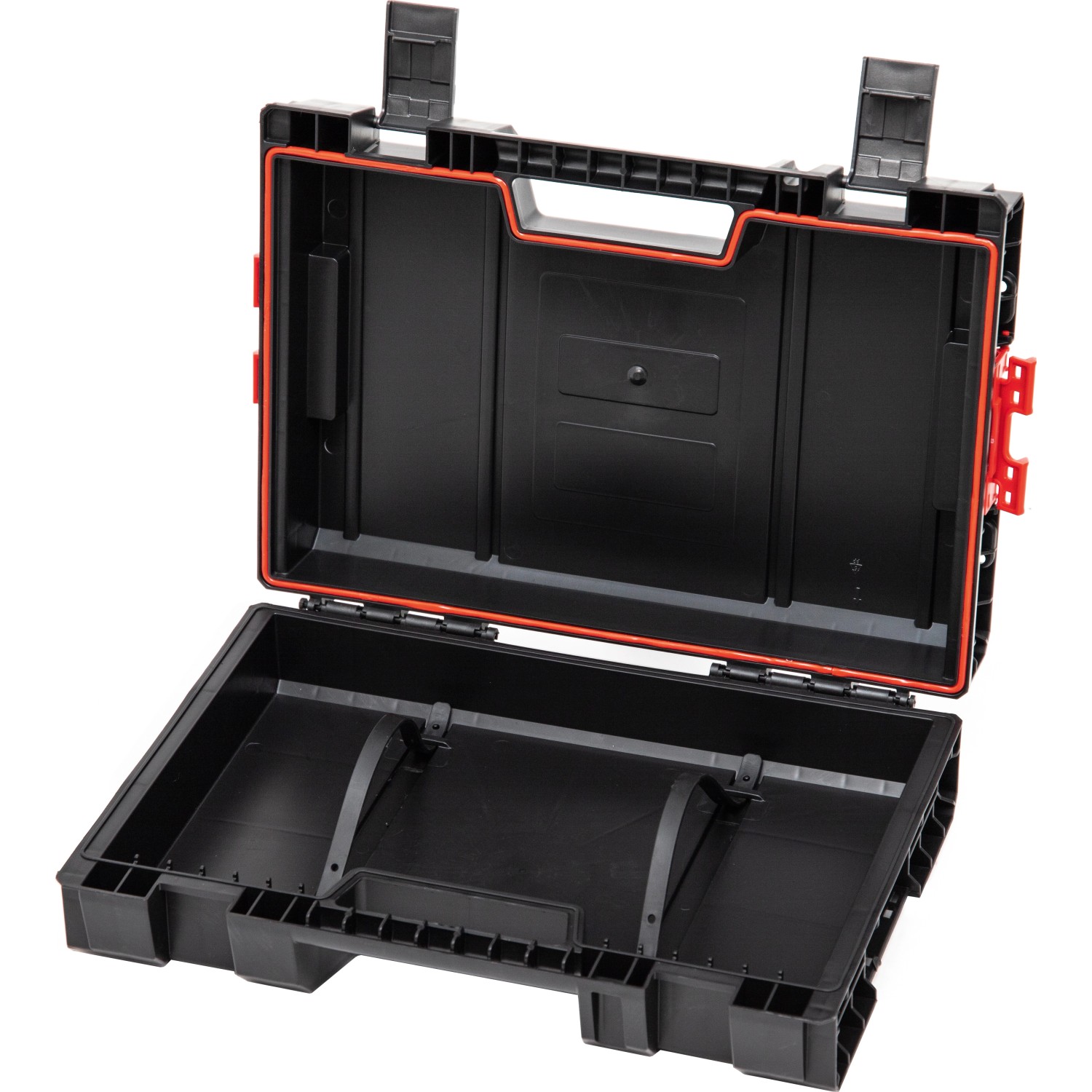 Offener, schwarzer Qbrick System Pro Werkzeugkoffer mit roter Dichtung. Leer.