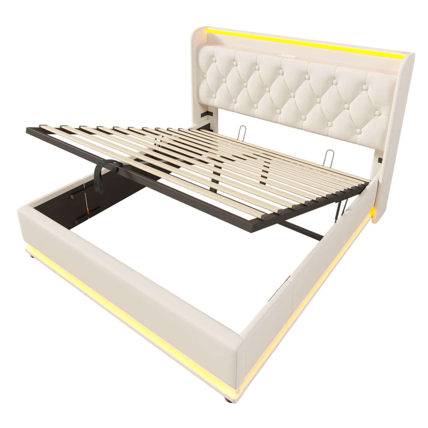 Merax Polsterbett 140x200cm LED USB-C Hydraulik Weiß PU