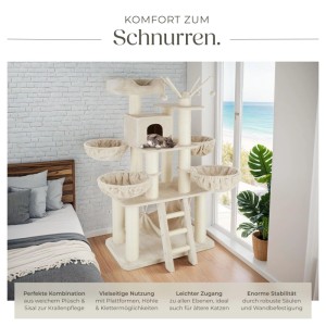 Beige-weißer Tectake Kratzbaum Gismo mit Sisal, Liegemulden und Katzenhaus.