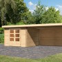 Unbehandeltes Karibu Holz-Gartenhaus Ängelholm mit Pultdach und Anbau, naturbelassen.
