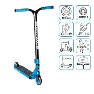 Blauer Six Degrees Stuntscooter mit verstärktem Lenker, HIC System, 100 mm ABEC 9 Rollen und 360° Lenkung.