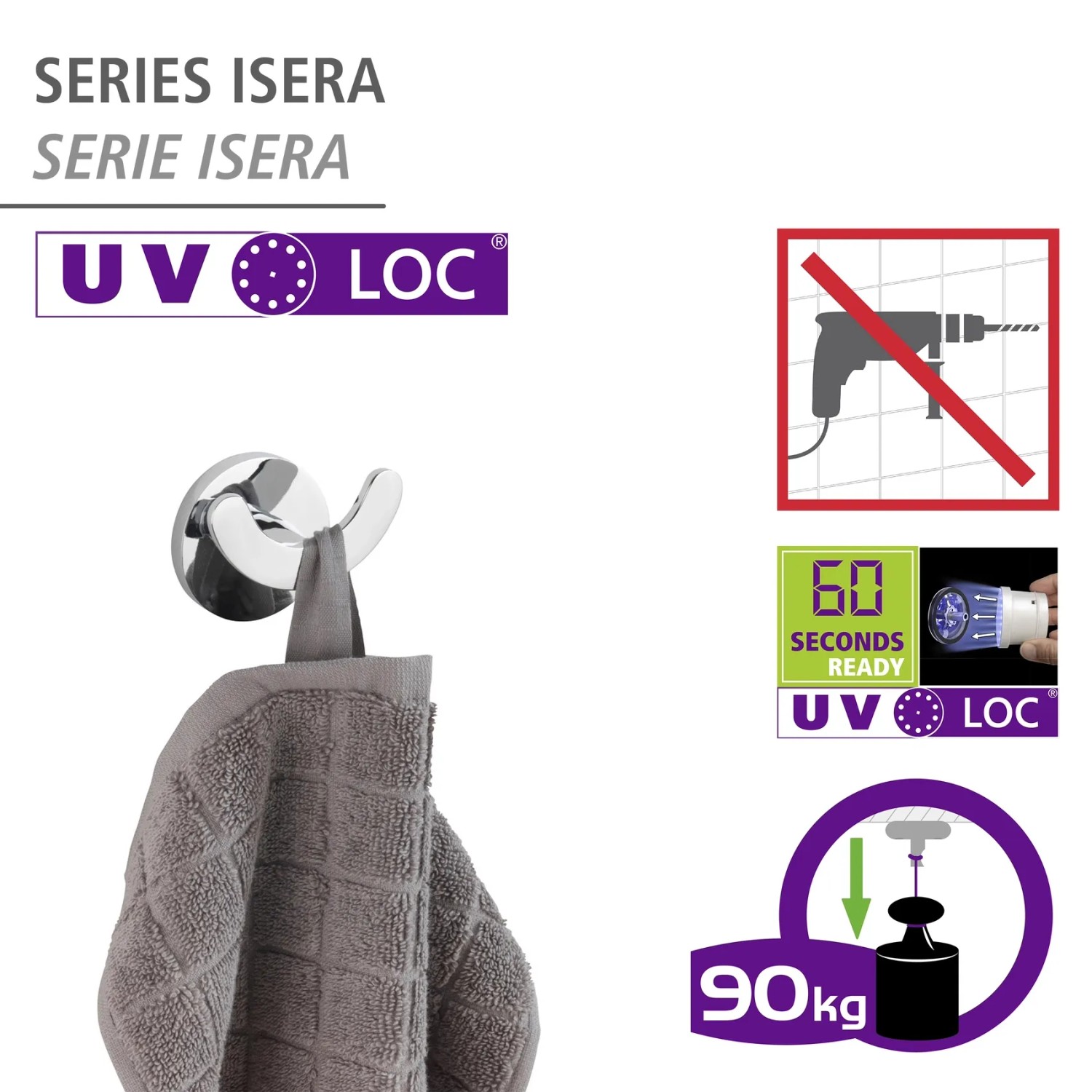 Wenko Wandhaken Duo Isera, silber matt, mit Handtuch und UV-Loc® Befestigungssystem.