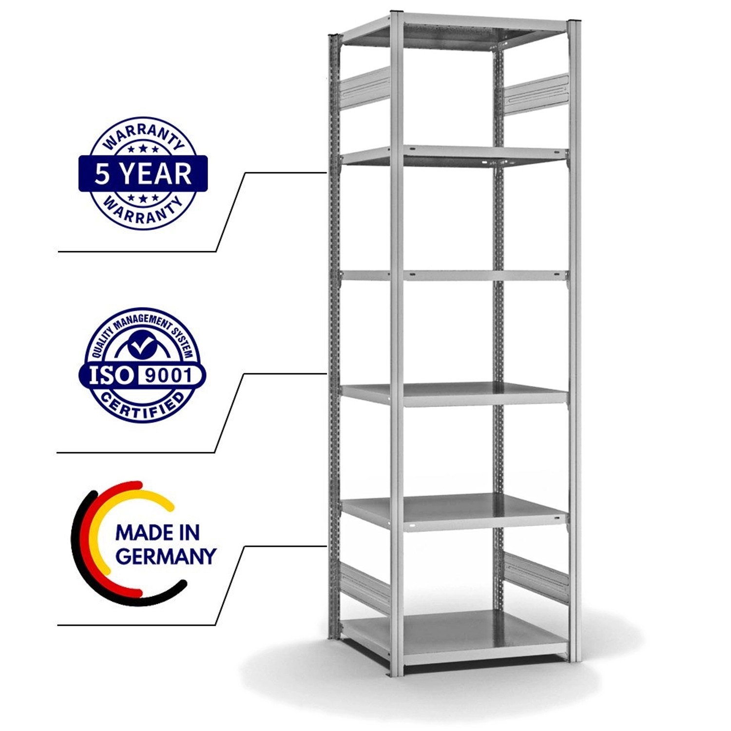 Verzinktes PROREGAL Fachbodenregal Stecksystem mit 6 Ebenen, beidseitig nutzbar.