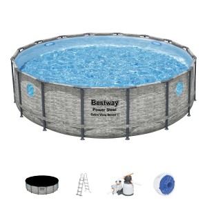 Bestway Stahlrahmenpool Set Power Steel Swim Vista, Ø 488 cm, grau, mit Leiter, Abdeckplane und Sandfilteranlage.
