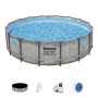 Bestway Stahlrahmenpool Set Power Steel Swim Vista, Ø 488 cm, grau, mit Leiter, Abdeckplane und Sandfilteranlage.