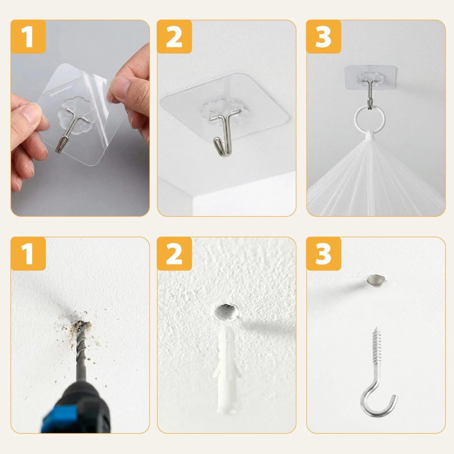 Montage des Sekey Moskitonetzes: Schritte zur einfachen Befestigung mit Klebehaken oder Schraubhaken an Decke/Wand.
