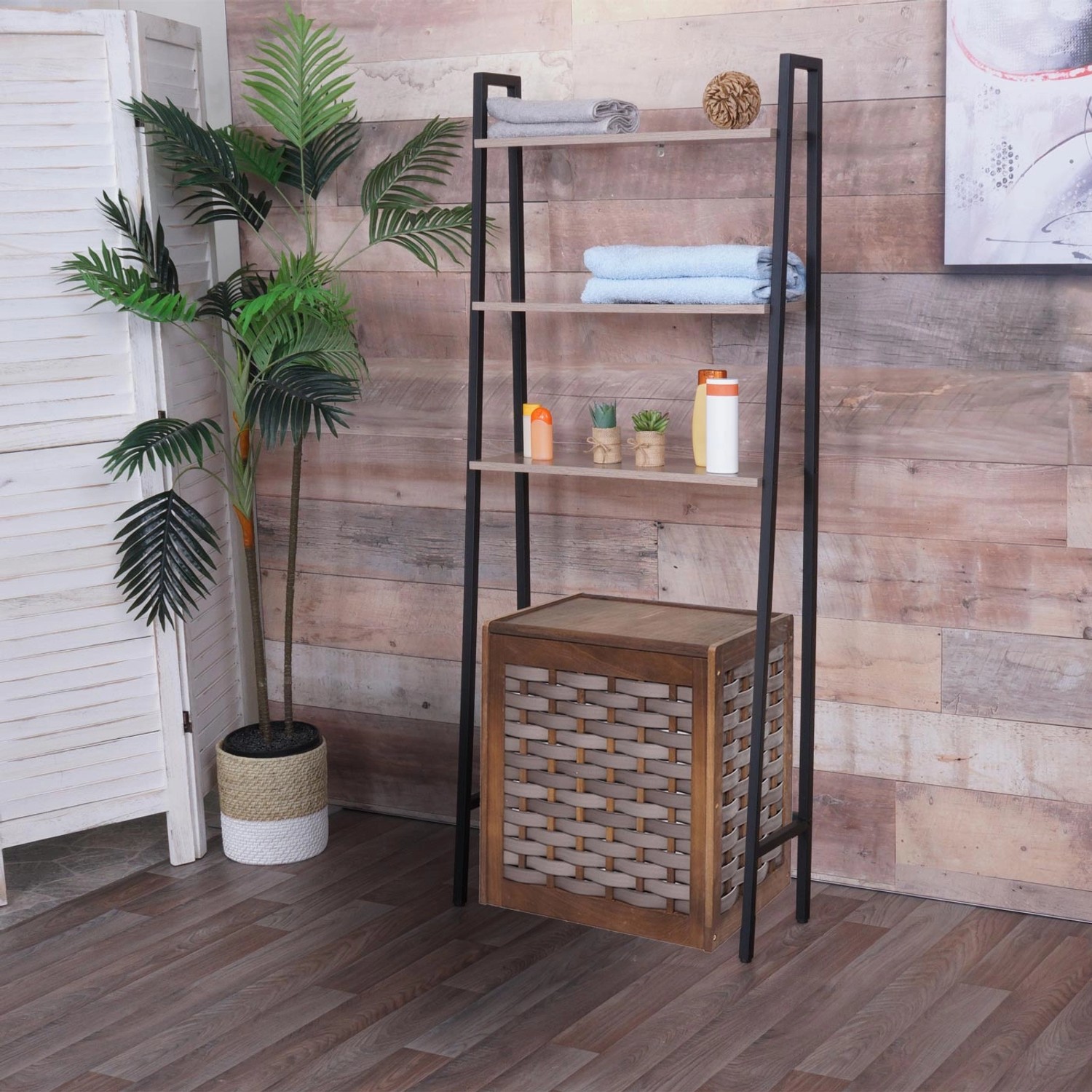 MCW Standregal K82 in Grau-Braun mit drei Regalböden und Aussparung für WC/Waschmaschine.