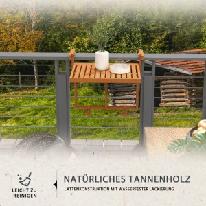 Verstellbarer Outsunny Balkonhängetisch aus Holz, belastbar bis 20 kg, mit 4 Positionen.