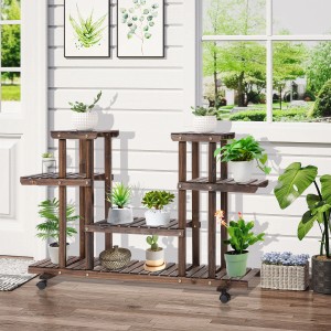 Outsunny Blumenständer aus Holz mit 4 Ebenen und Rollen, ideal für Pflanzen und Deko.